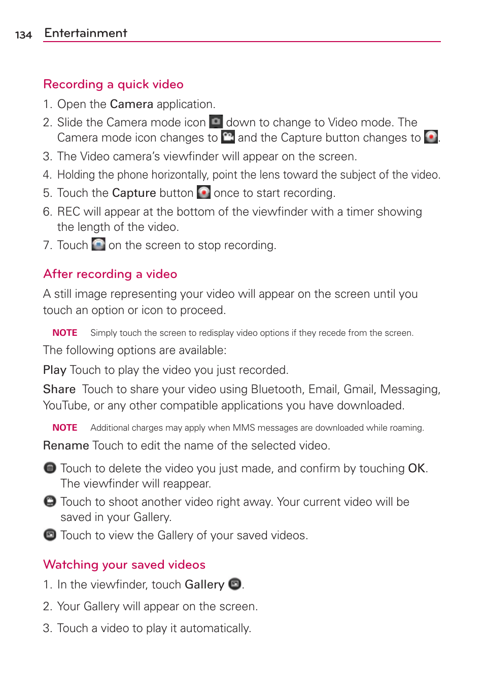 Entertainment recording a quick video, After recording a video, Watching your saved videos | LG VS910 User Manual | Page 136 / 239