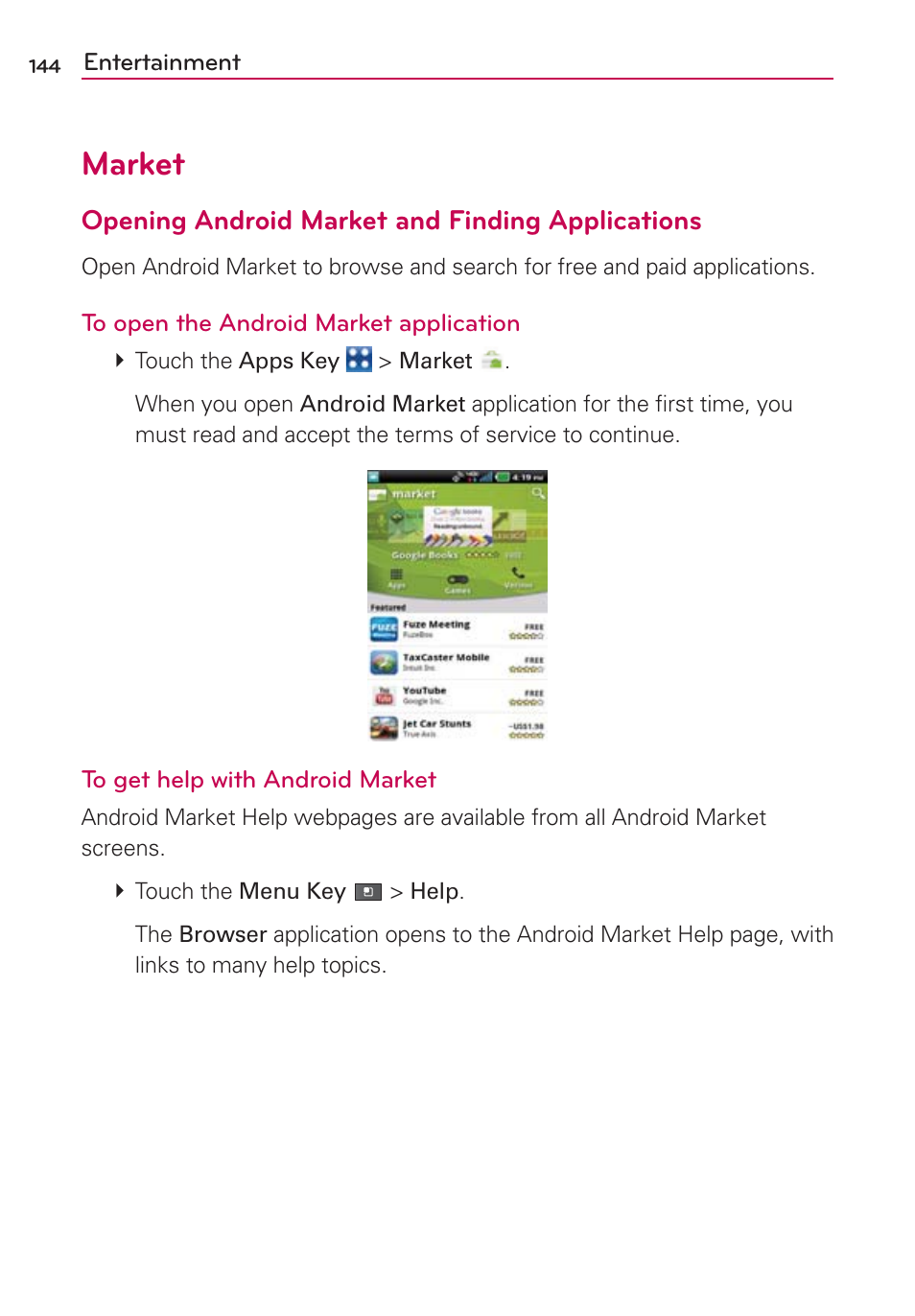 Market, Opening android market and finding applications | LG VS910 User Manual | Page 146 / 239