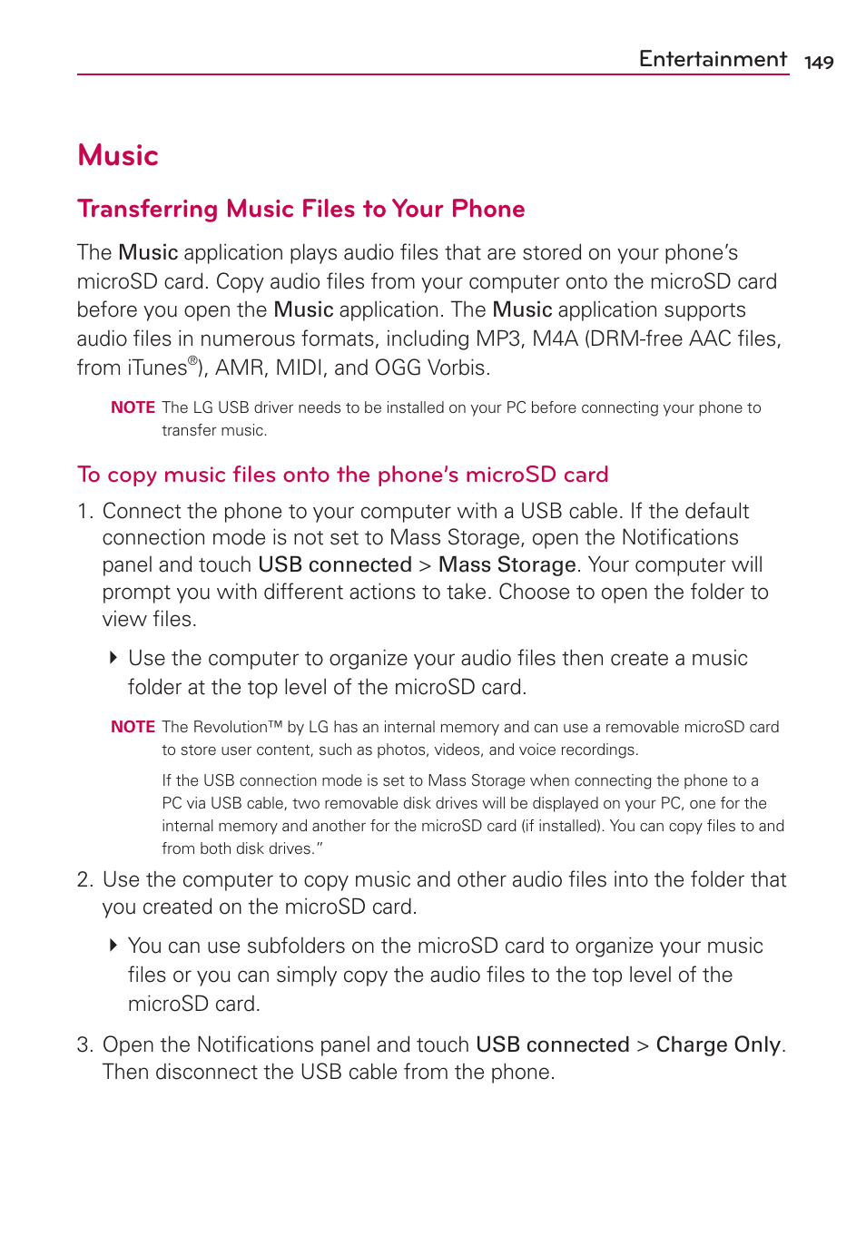 Music, Transferring music files to your phone, Entertainment | LG VS910 User Manual | Page 151 / 239