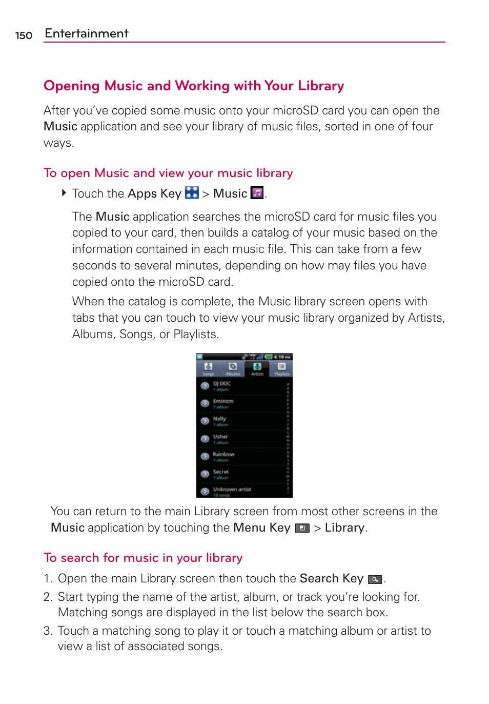 Opening music and working with your library | LG VS910 User Manual | Page 152 / 239