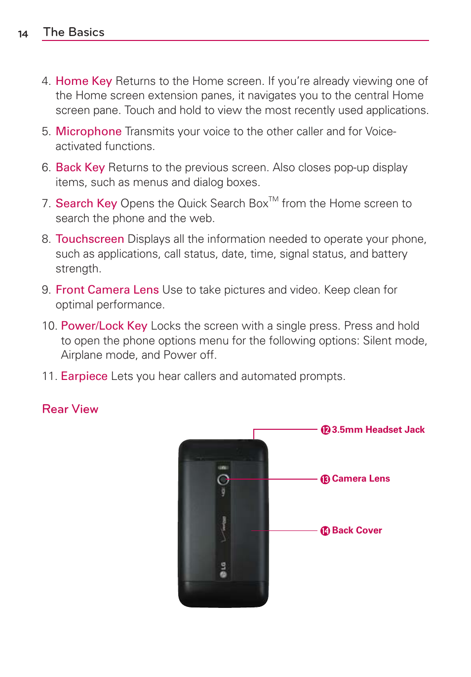 The basics, Rear view | LG VS910 User Manual | Page 16 / 239