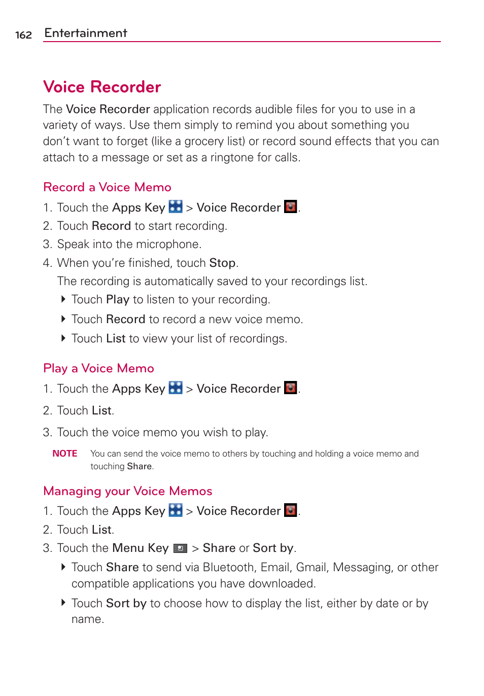 Voice recorder | LG VS910 User Manual | Page 164 / 239