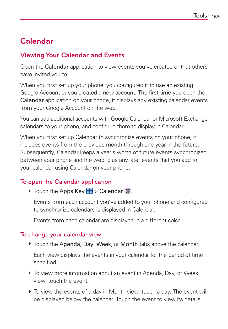 Calendar, Viewing your calendar and events | LG VS910 User Manual | Page 165 / 239