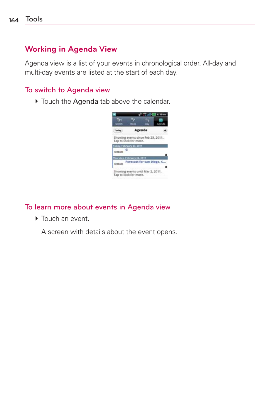 Working in agenda view | LG VS910 User Manual | Page 166 / 239