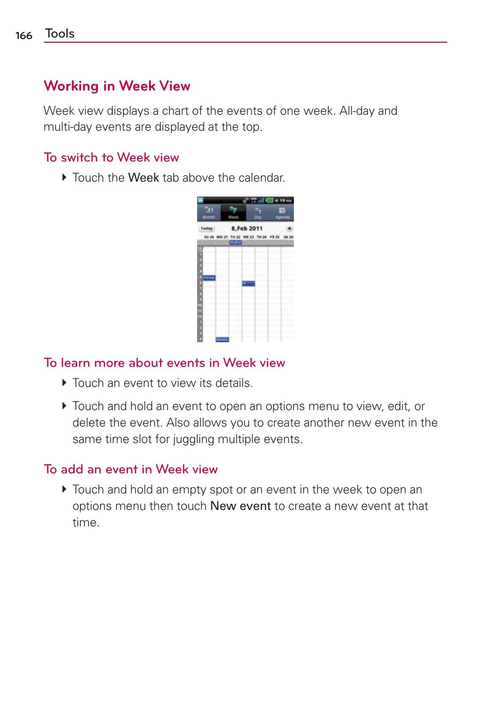 Working in week view | LG VS910 User Manual | Page 168 / 239