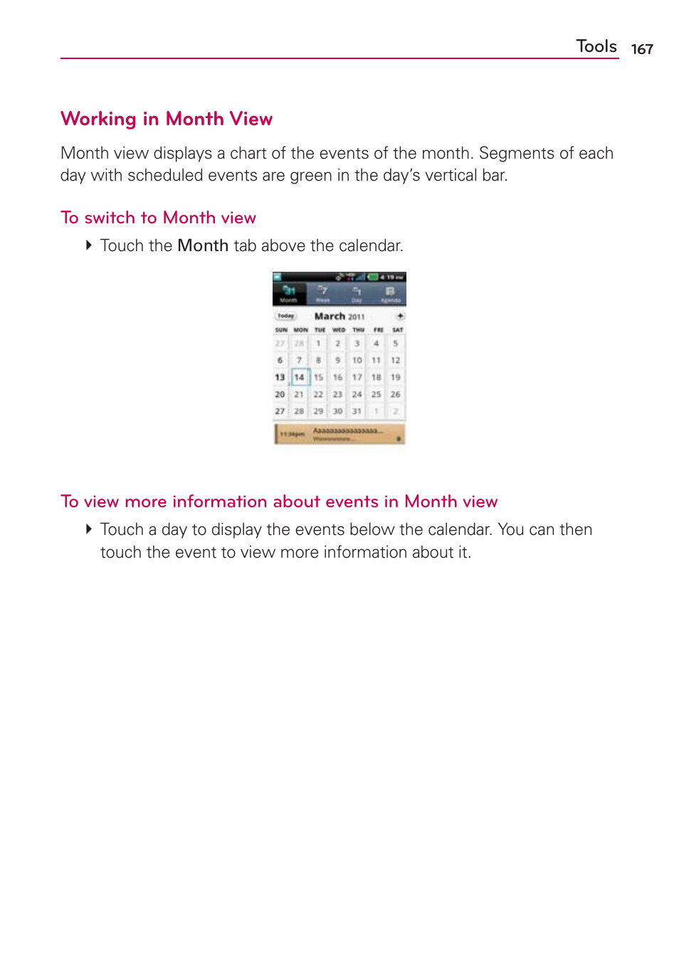 Working in month view | LG VS910 User Manual | Page 169 / 239