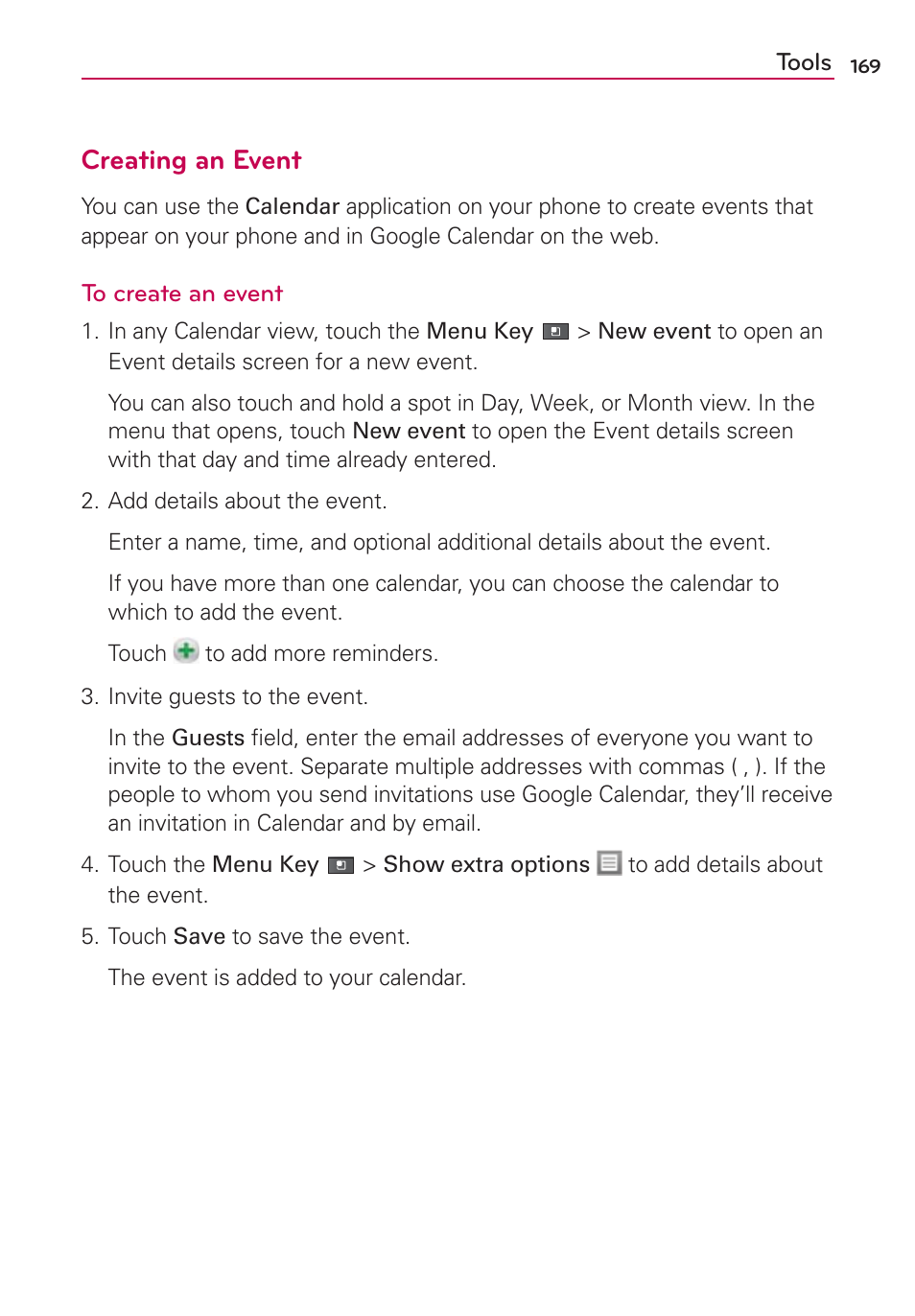 Creating an event | LG VS910 User Manual | Page 171 / 239