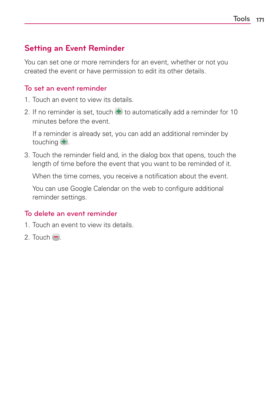 Setting an event reminder | LG VS910 User Manual | Page 173 / 239