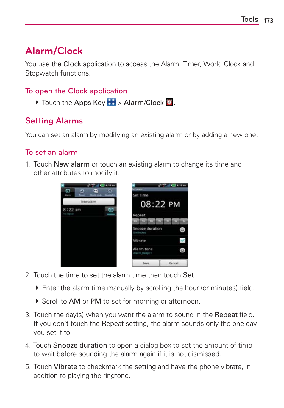 Alarm/clock, Setting alarms | LG VS910 User Manual | Page 175 / 239