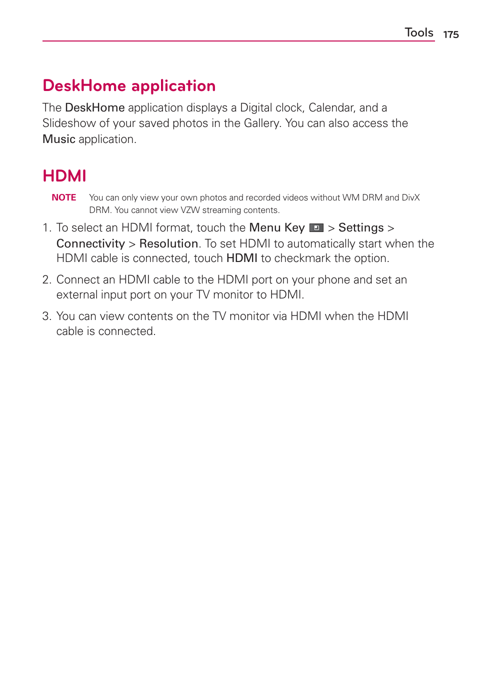 Deskhome application, Hdmi | LG VS910 User Manual | Page 177 / 239