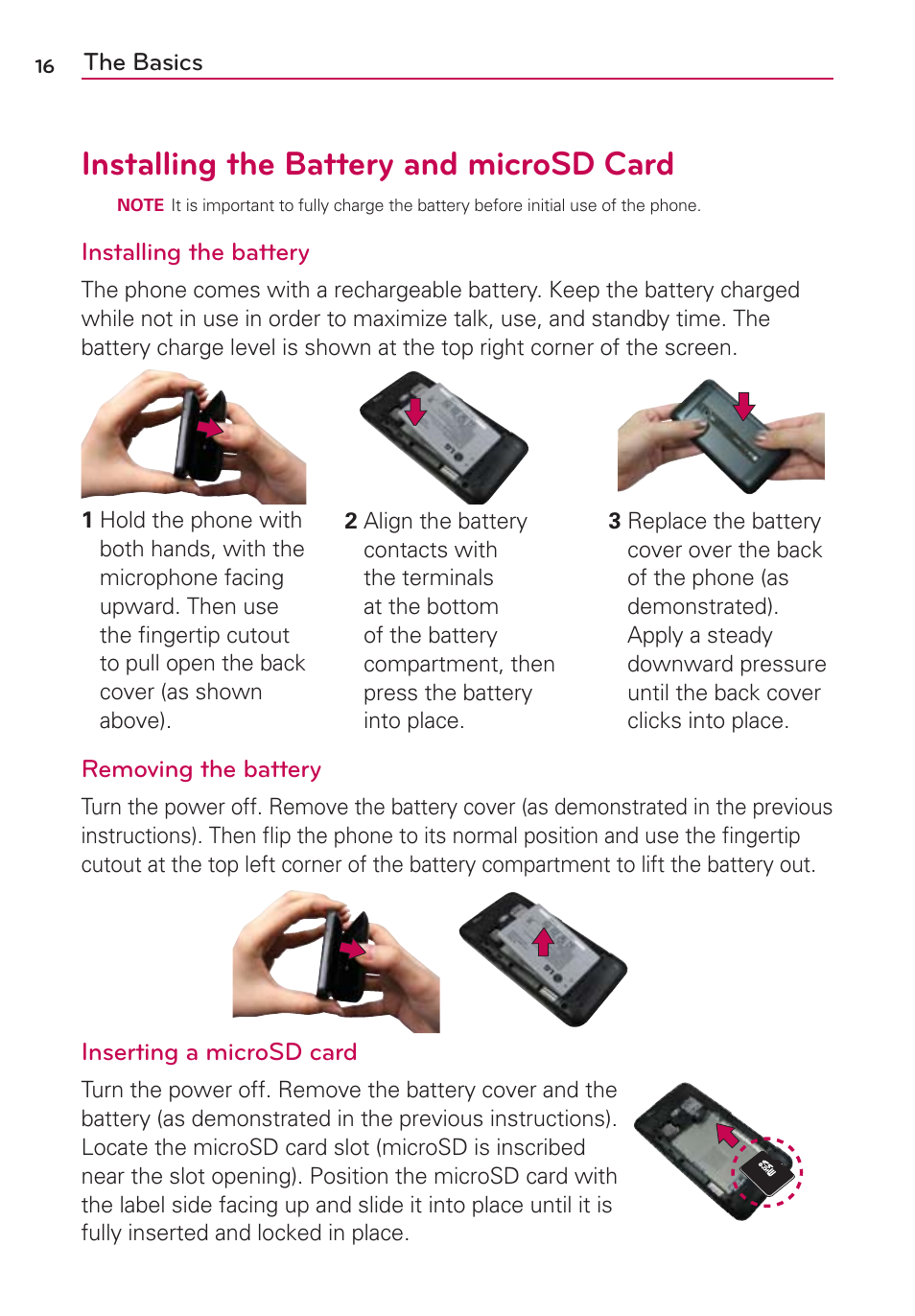 Installing the battery and microsd card | LG VS910 User Manual | Page 18 / 239