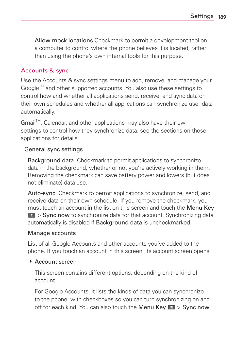 Settings, Accounts & sync | LG VS910 User Manual | Page 191 / 239