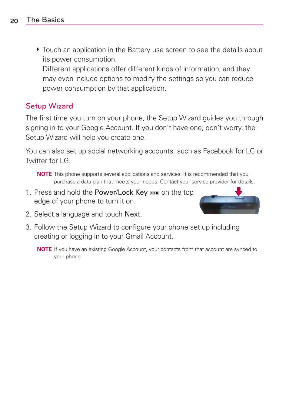 The basics, Setup wizard | LG VS910 User Manual | Page 22 / 239