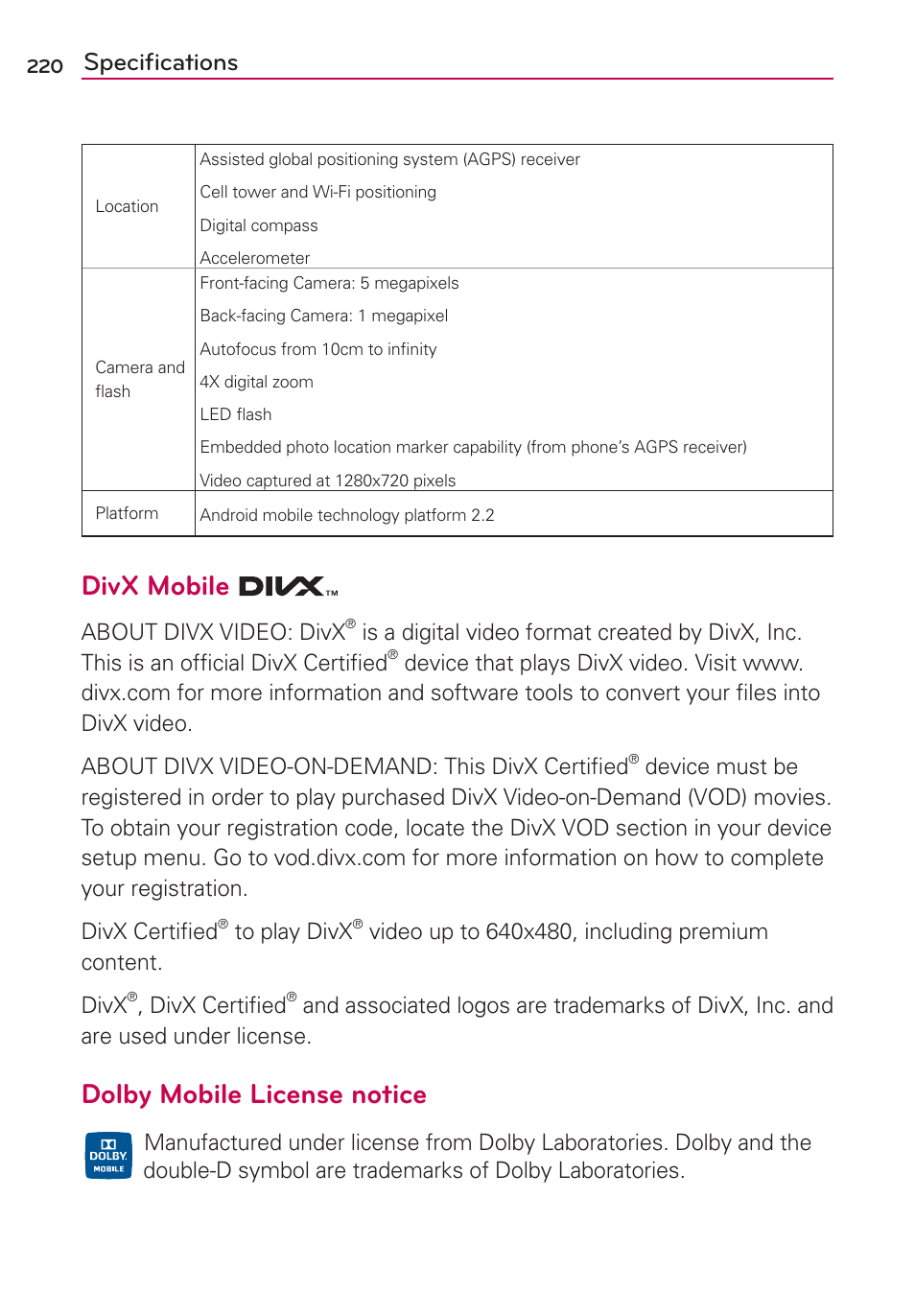 Divx mobile, Dolby mobile license notice, Speciﬁcations | LG VS910 User Manual | Page 222 / 239