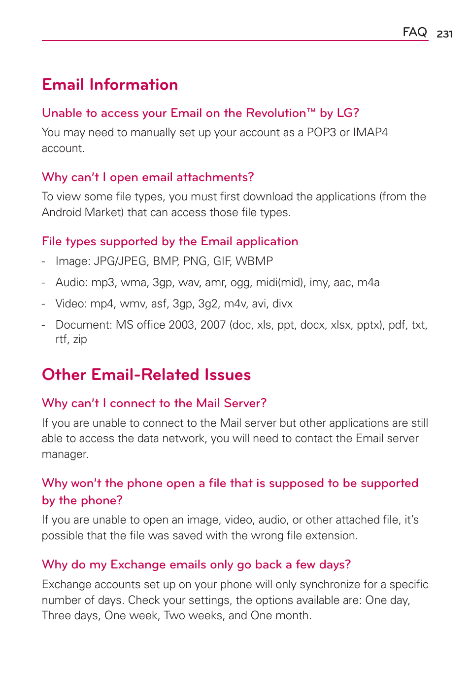 Email information, Other email-related issues | LG VS910 User Manual | Page 233 / 239