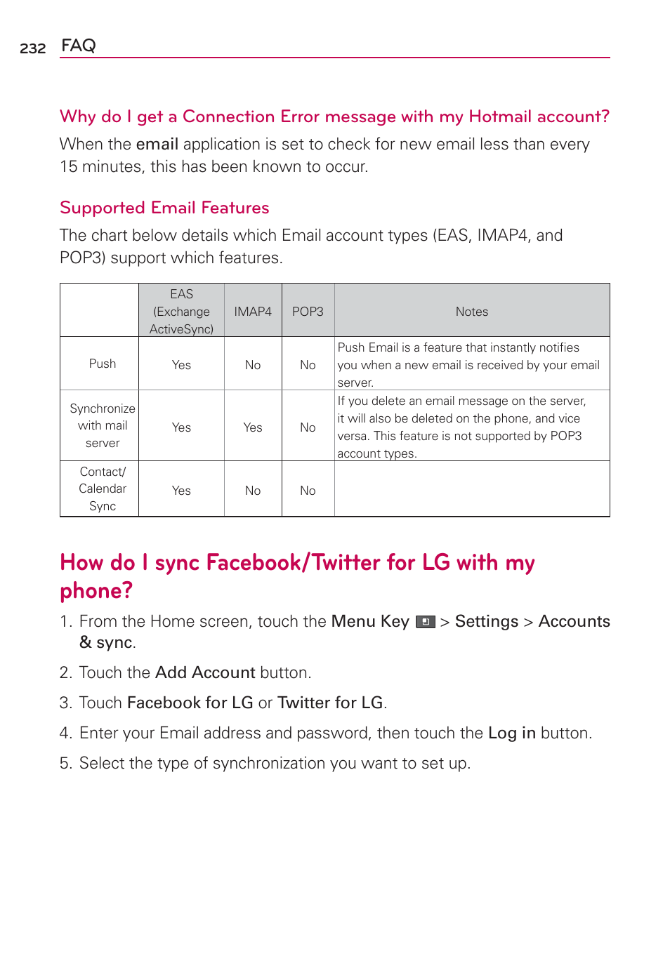 Supported email features | LG VS910 User Manual | Page 234 / 239