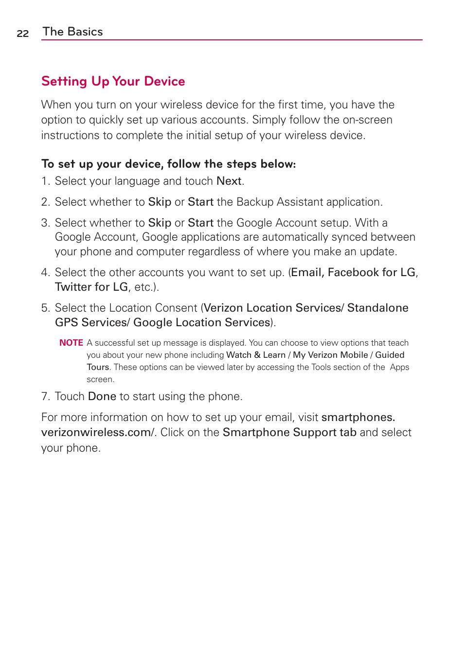 Setting up your device, The basics | LG VS910 User Manual | Page 24 / 239