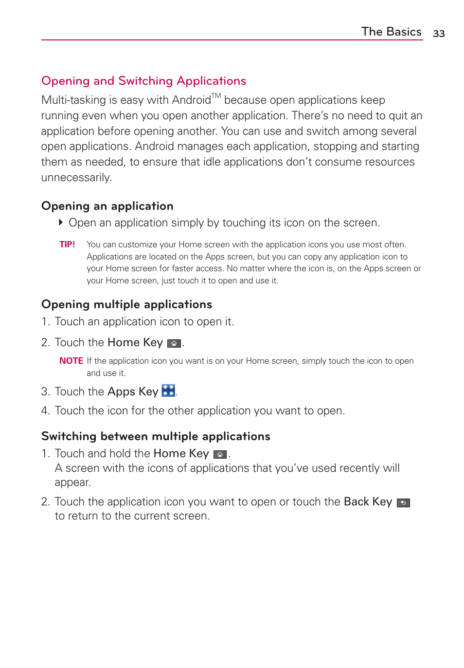 The basics opening and switching applications, Opening an application, Opening multiple applications | Switching between multiple applications | LG VS910 User Manual | Page 35 / 239