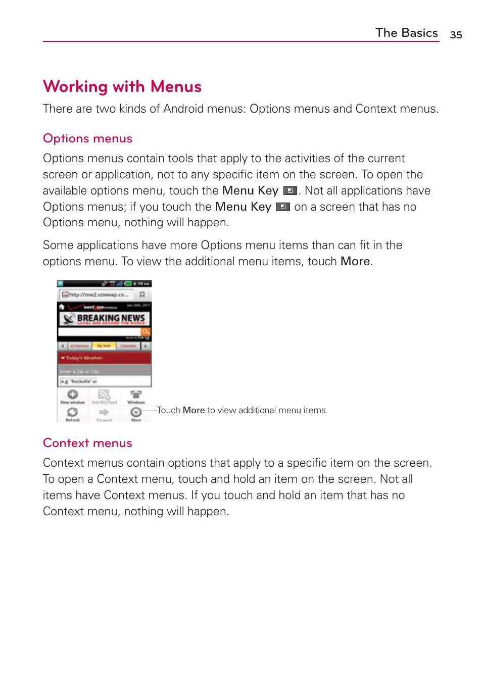 Working with menus | LG VS910 User Manual | Page 37 / 239