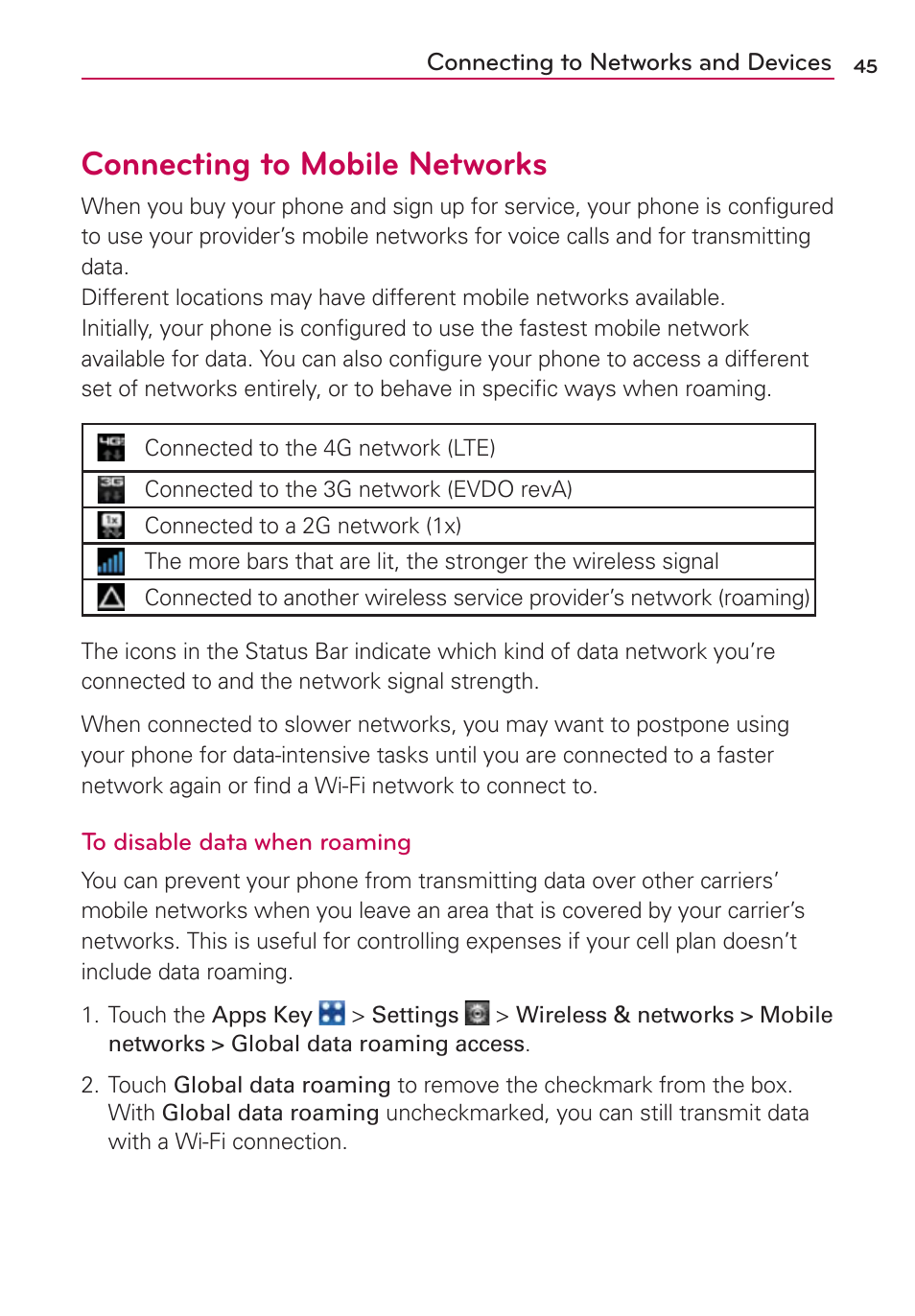 Connecting to mobile networks | LG VS910 User Manual | Page 47 / 239