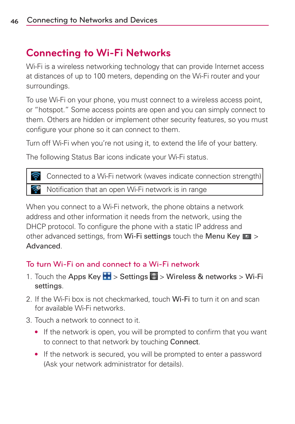 Connecting to wi-fi networks | LG VS910 User Manual | Page 48 / 239