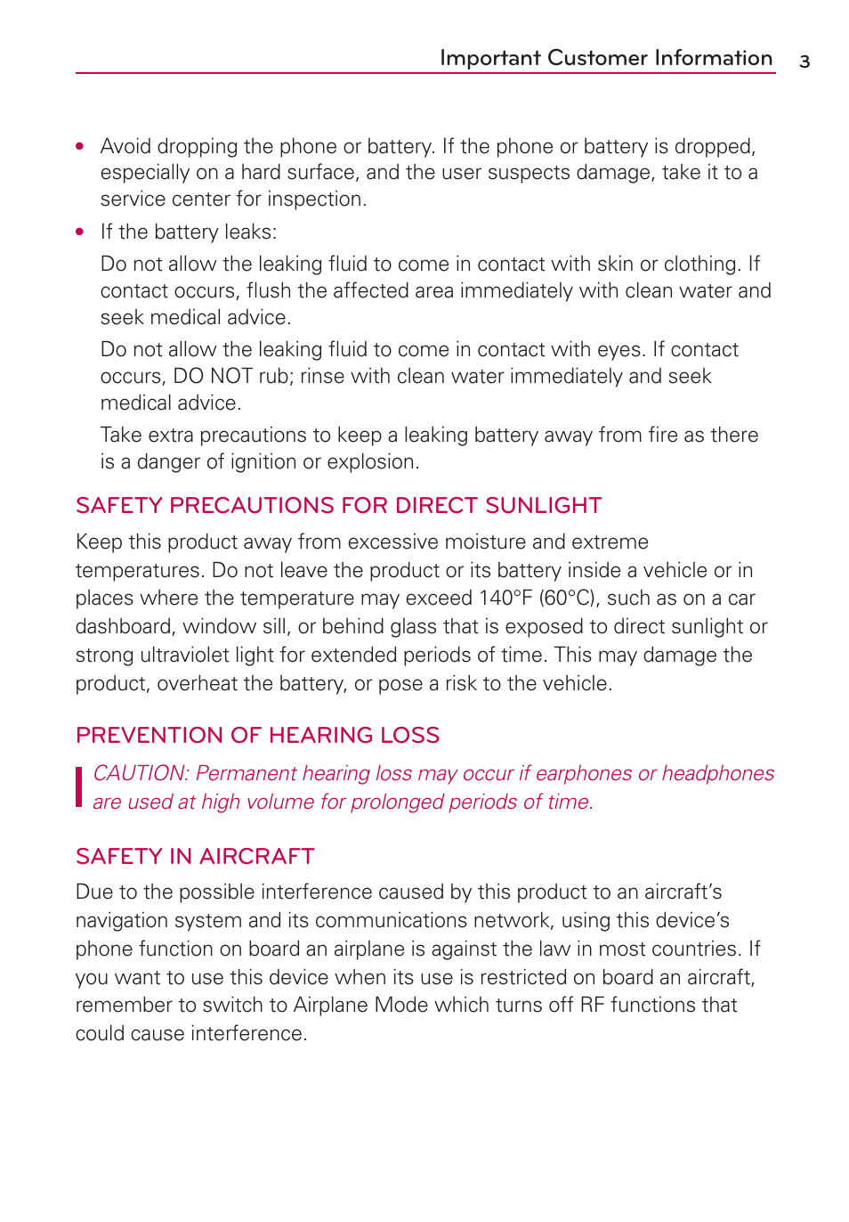 Important customer information, Safety precautions for direct sunlight, Prevention of hearing loss | Safety in aircraft | LG VS910 User Manual | Page 5 / 239