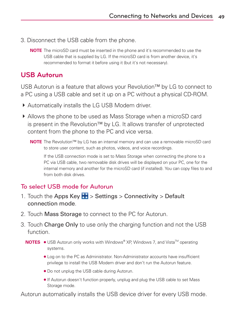 Usb autorun, Connecting to networks and devices, Disconnect the usb cable from the phone | LG VS910 User Manual | Page 51 / 239