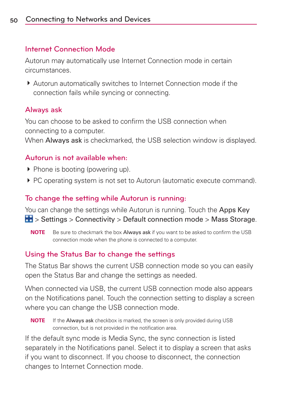 Always ask, Autorun is not available when, Using the status bar to change the settings | LG VS910 User Manual | Page 52 / 239