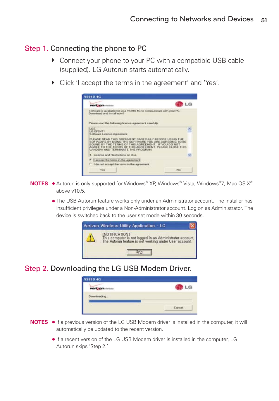 Connecting to networks and devices, Step 1. connecting the phone to pc, Step 2. downloading the lg usb modem driver | LG VS910 User Manual | Page 53 / 239