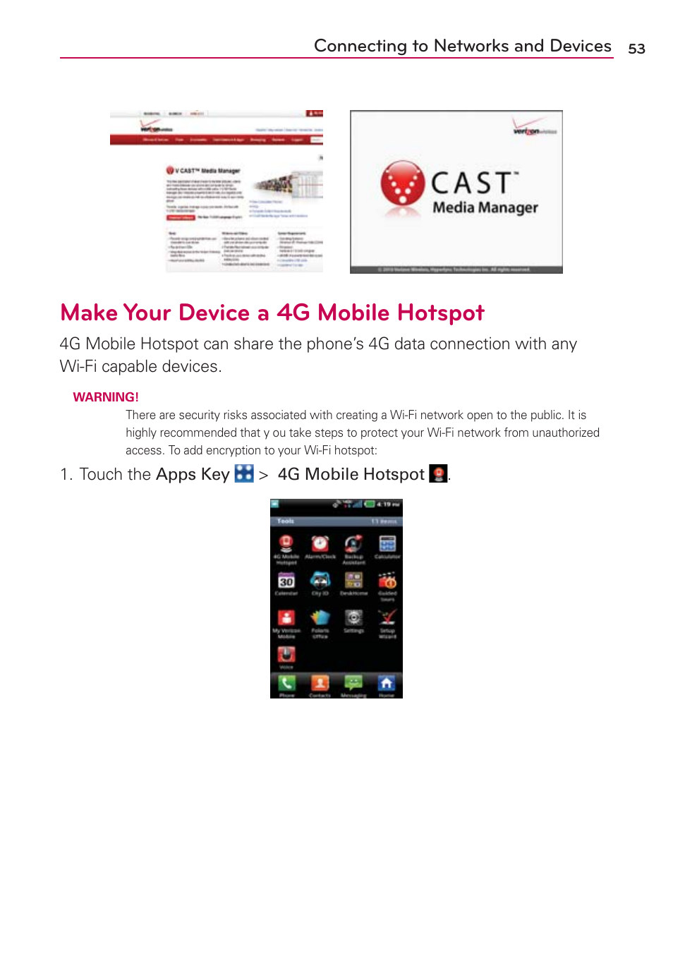 Make your device a 4g mobile hotspot, Connecting to networks and devices | LG VS910 User Manual | Page 55 / 239