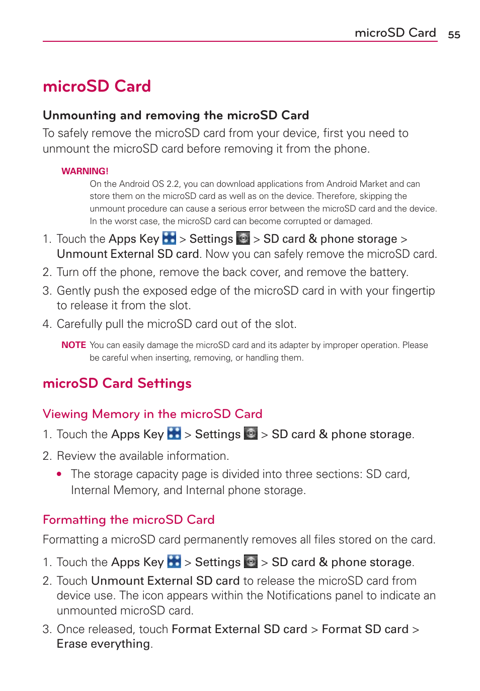 Microsd card, Microsd card settings, Unmounting and removing the microsd card | Formatting the microsd card | LG VS910 User Manual | Page 57 / 239