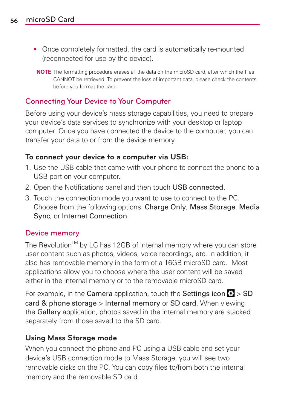 Microsd card, Connecting your device to your computer, Using mass storage mode | LG VS910 User Manual | Page 58 / 239