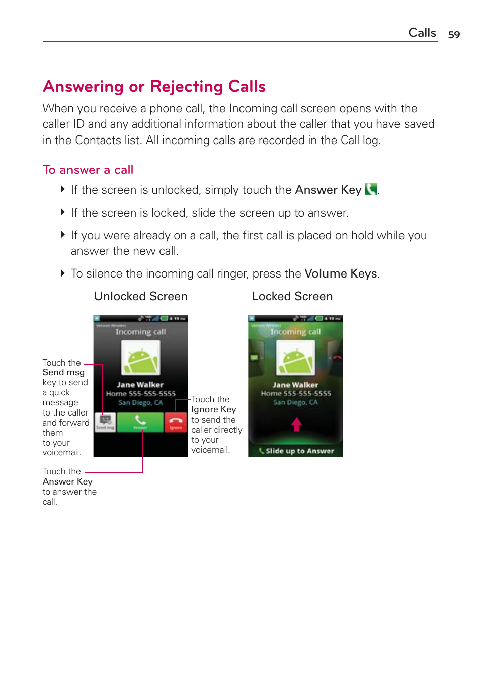 Answering or rejecting calls | LG VS910 User Manual | Page 61 / 239