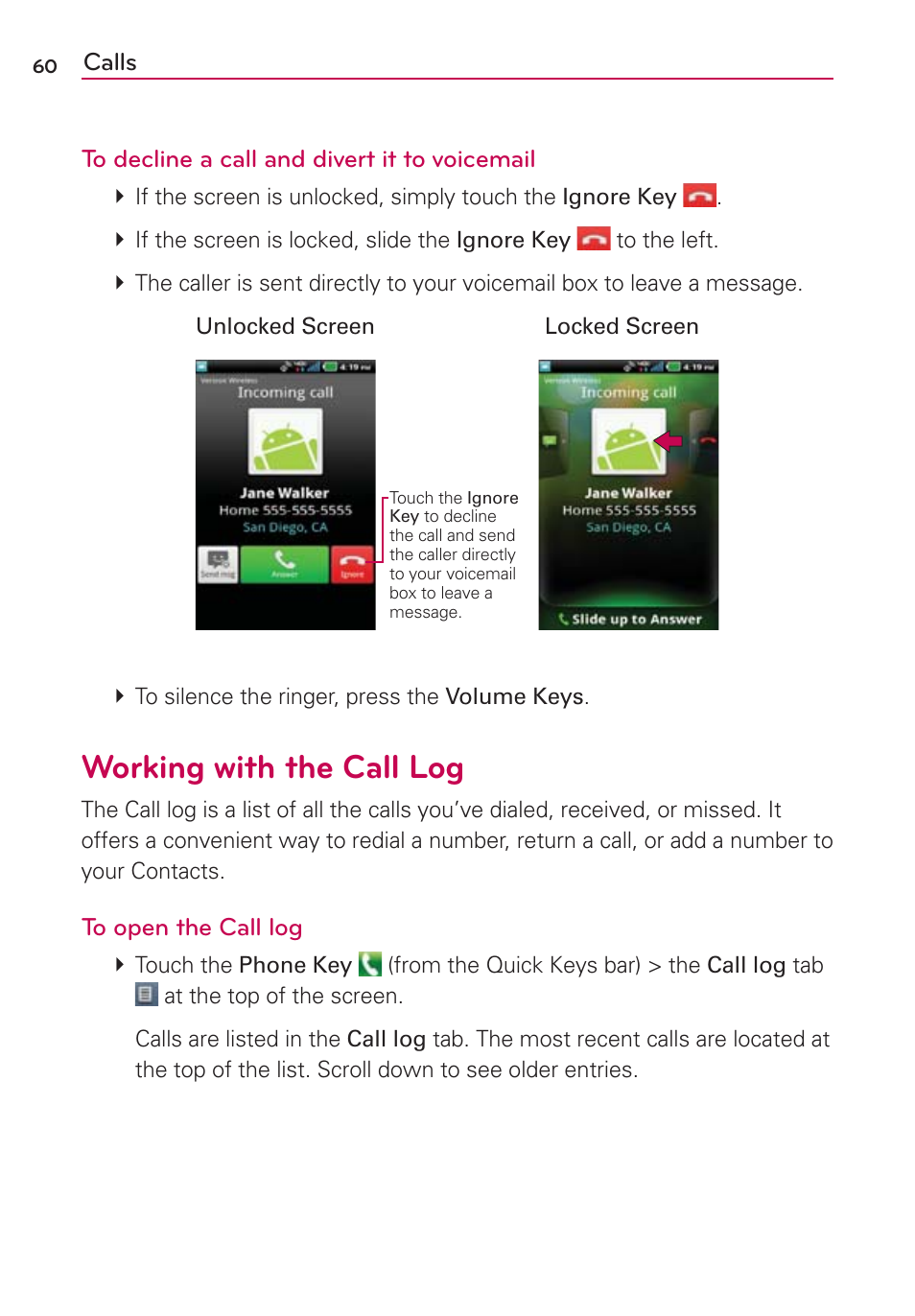 Working with the call log | LG VS910 User Manual | Page 62 / 239