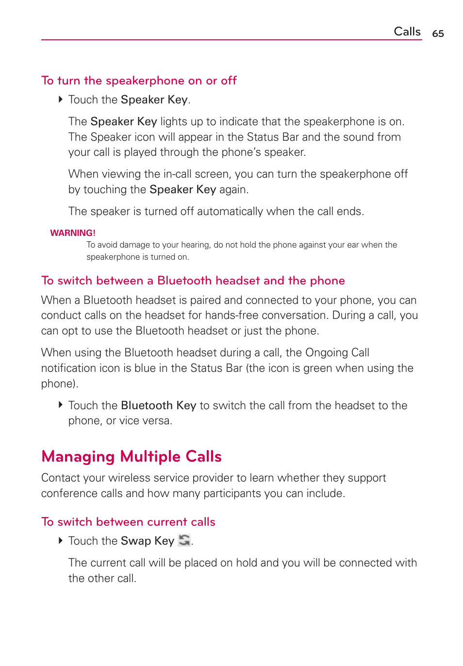 Managing multiple calls | LG VS910 User Manual | Page 67 / 239
