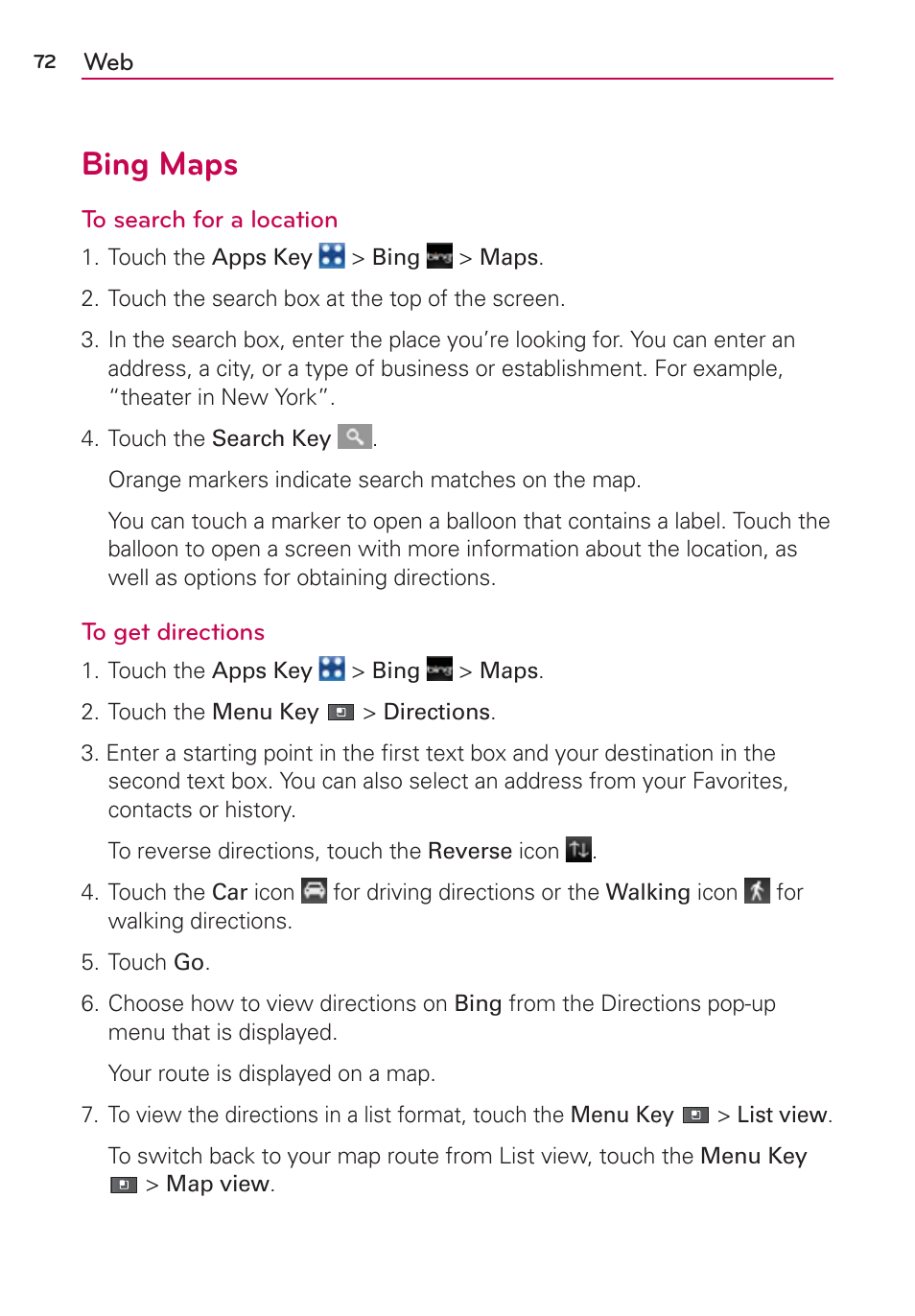 Bing maps | LG VS910 User Manual | Page 74 / 239
