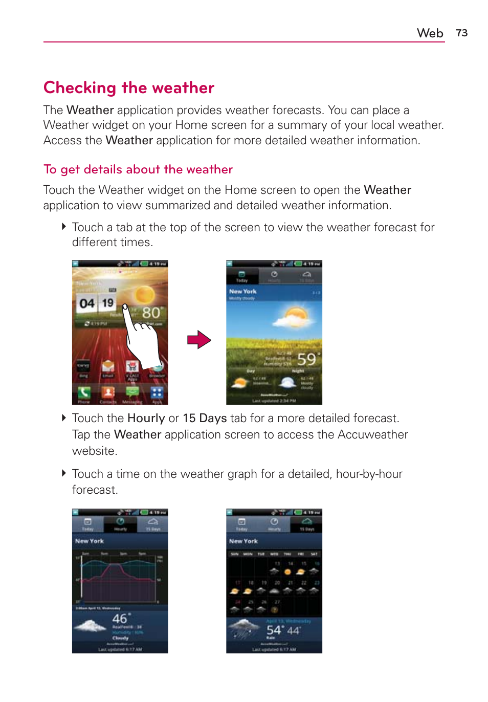 Checking the weather | LG VS910 User Manual | Page 75 / 239