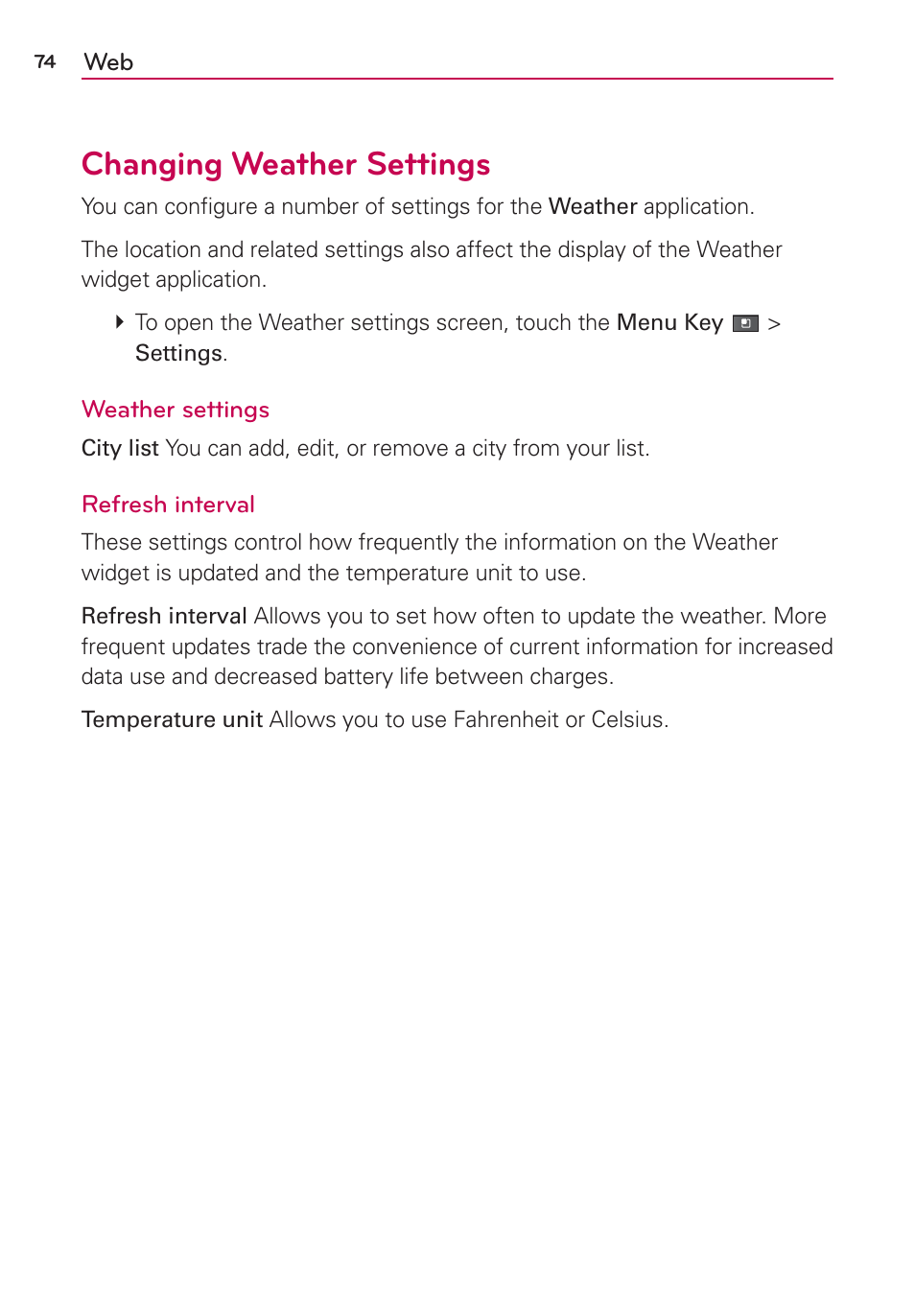 Changing weather settings | LG VS910 User Manual | Page 76 / 239