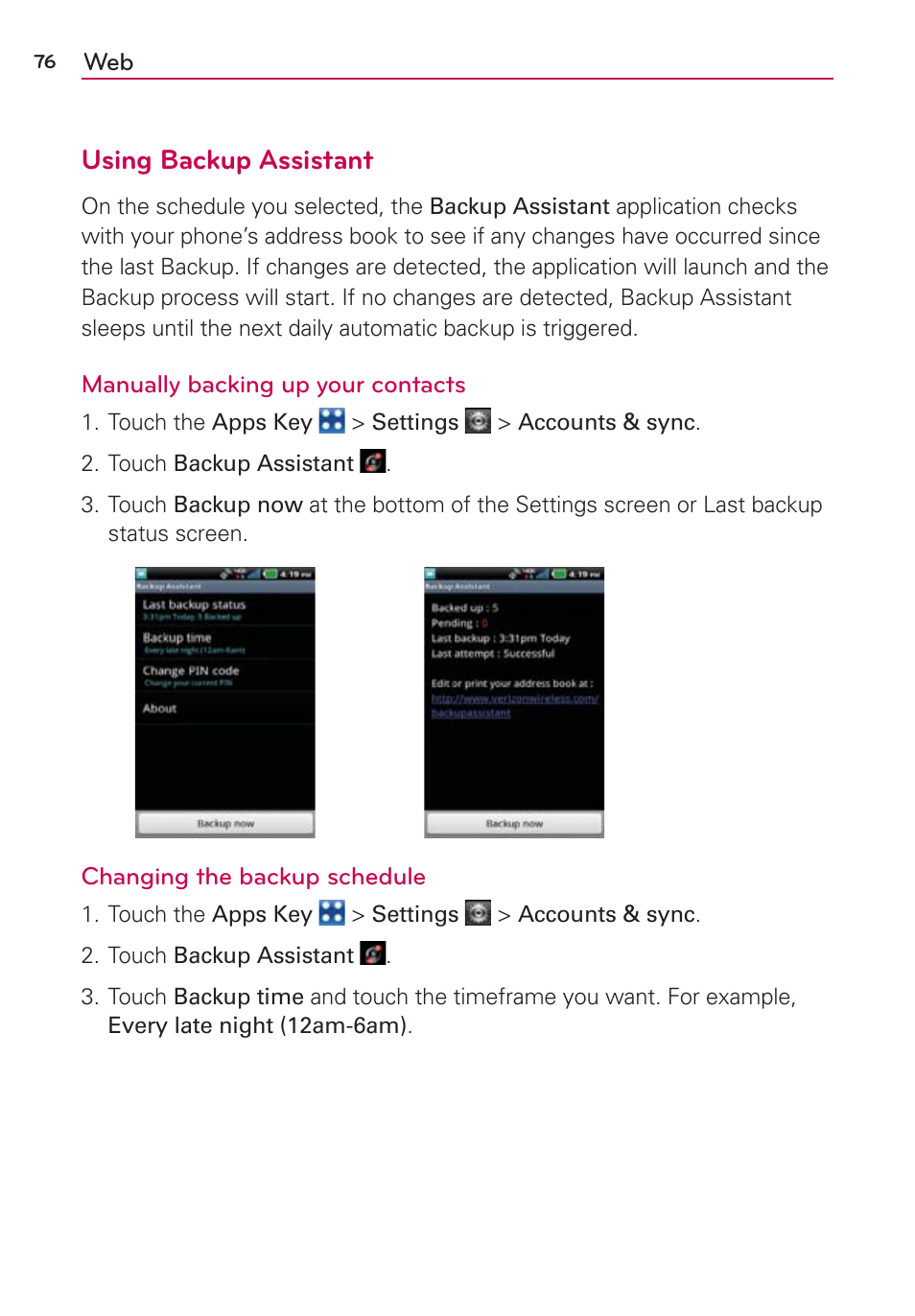 Using backup assistant | LG VS910 User Manual | Page 78 / 239