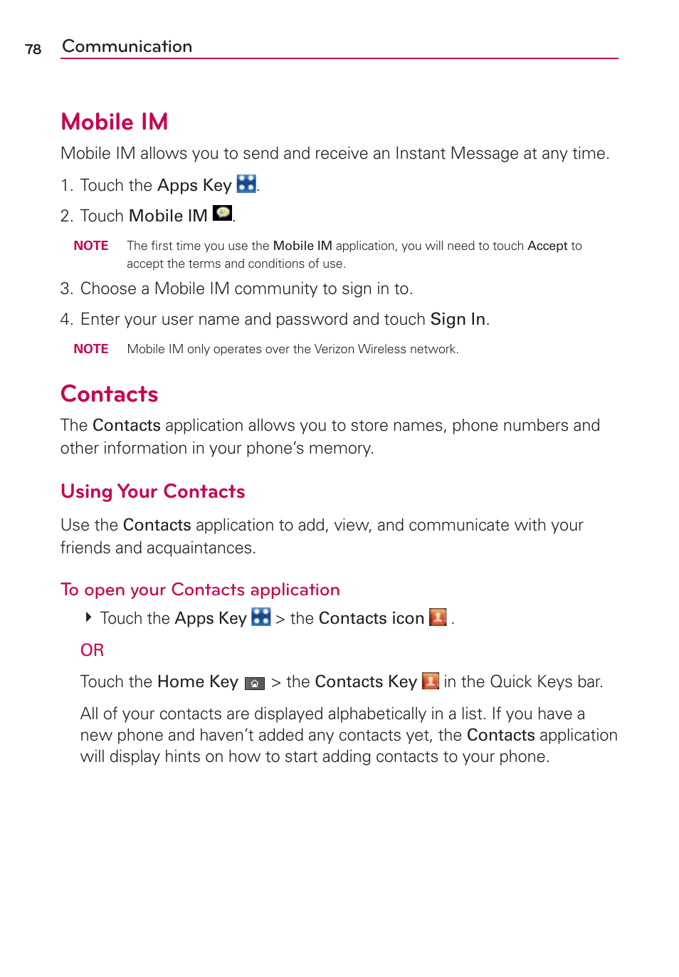 Mobile im, Contacts, Using your contacts | LG VS910 User Manual | Page 80 / 239