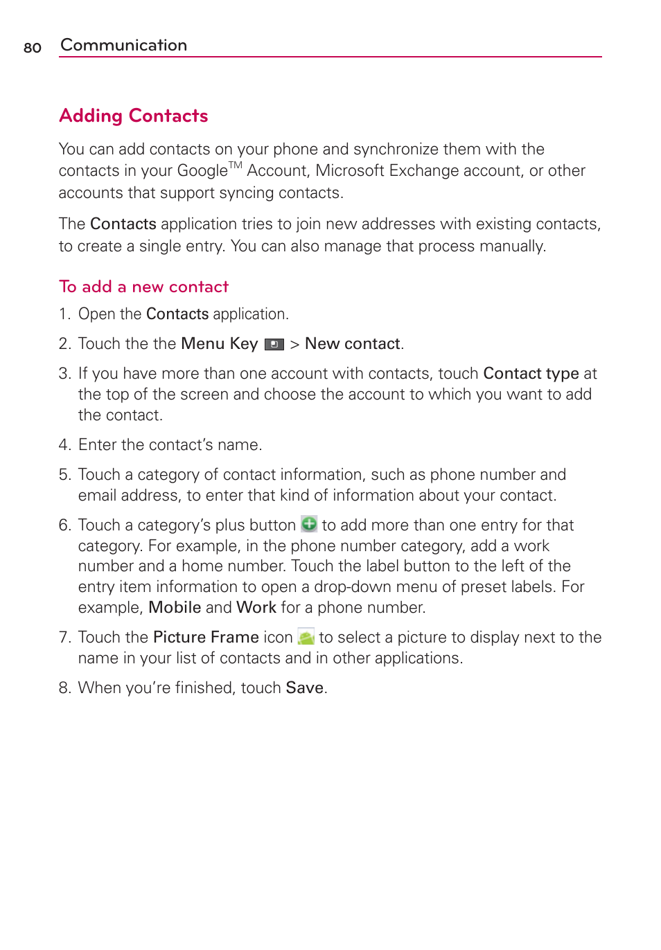 Adding contacts | LG VS910 User Manual | Page 82 / 239