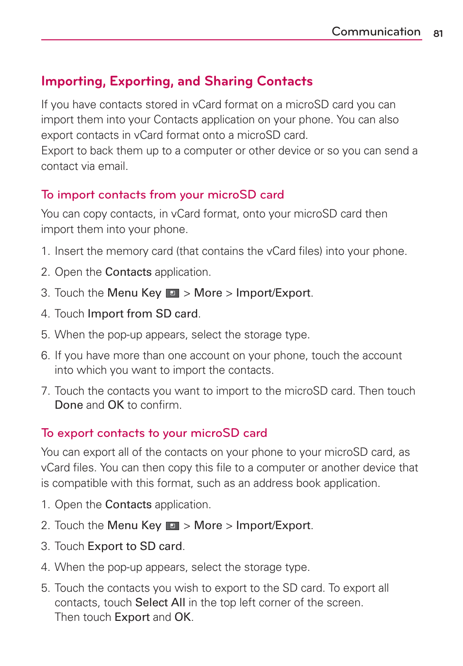 Importing, exporting, and sharing contacts | LG VS910 User Manual | Page 83 / 239