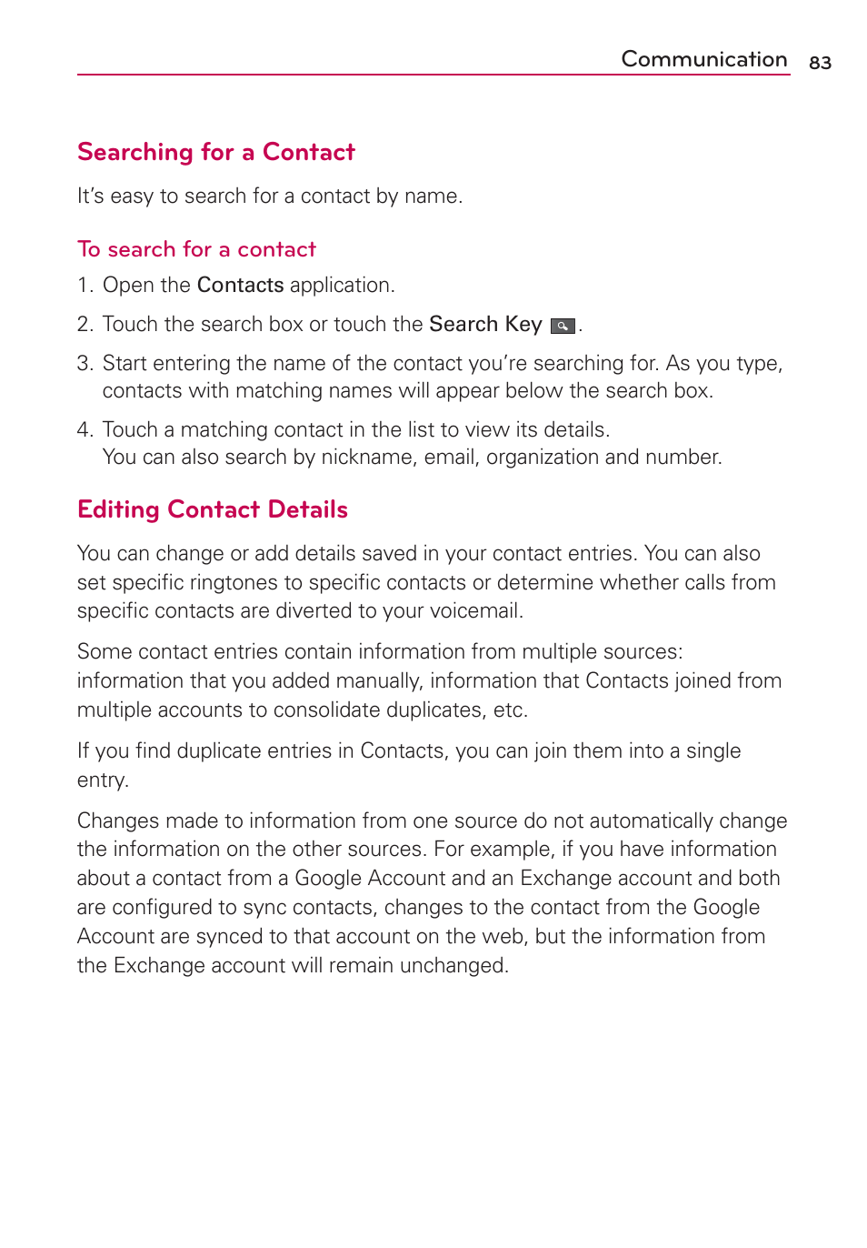 Searching for a contact, Editing contact details | LG VS910 User Manual | Page 85 / 239