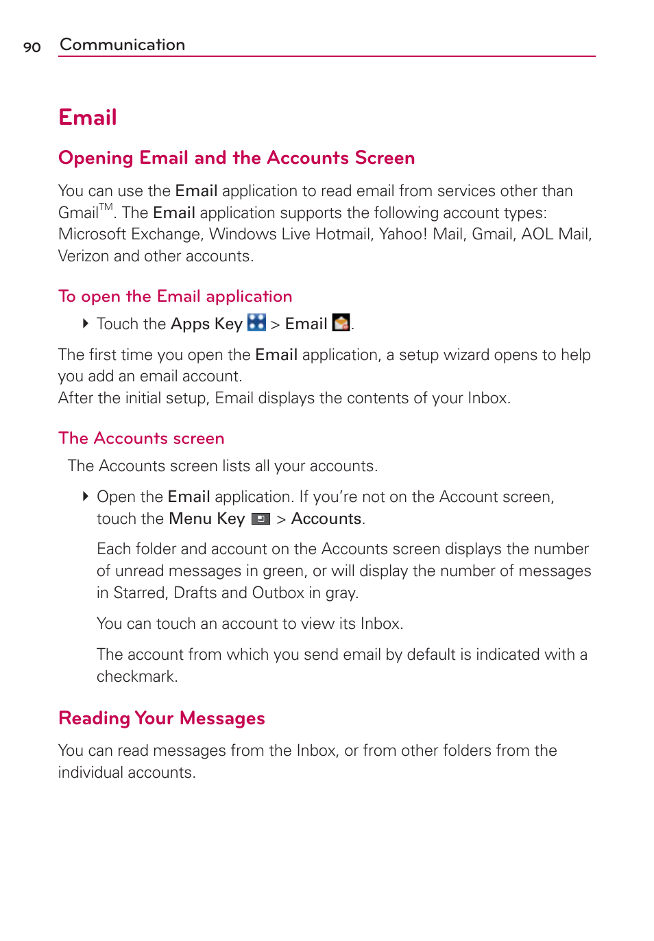 Email, Opening email and the accounts screen, Reading your messages | LG VS910 User Manual | Page 92 / 239