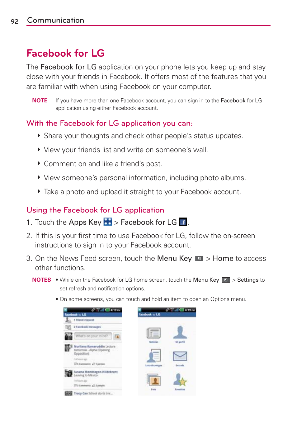 Facebook for lg, Communication, With the facebook for lg application you can | Using the facebook for lg application | LG VS910 User Manual | Page 94 / 239