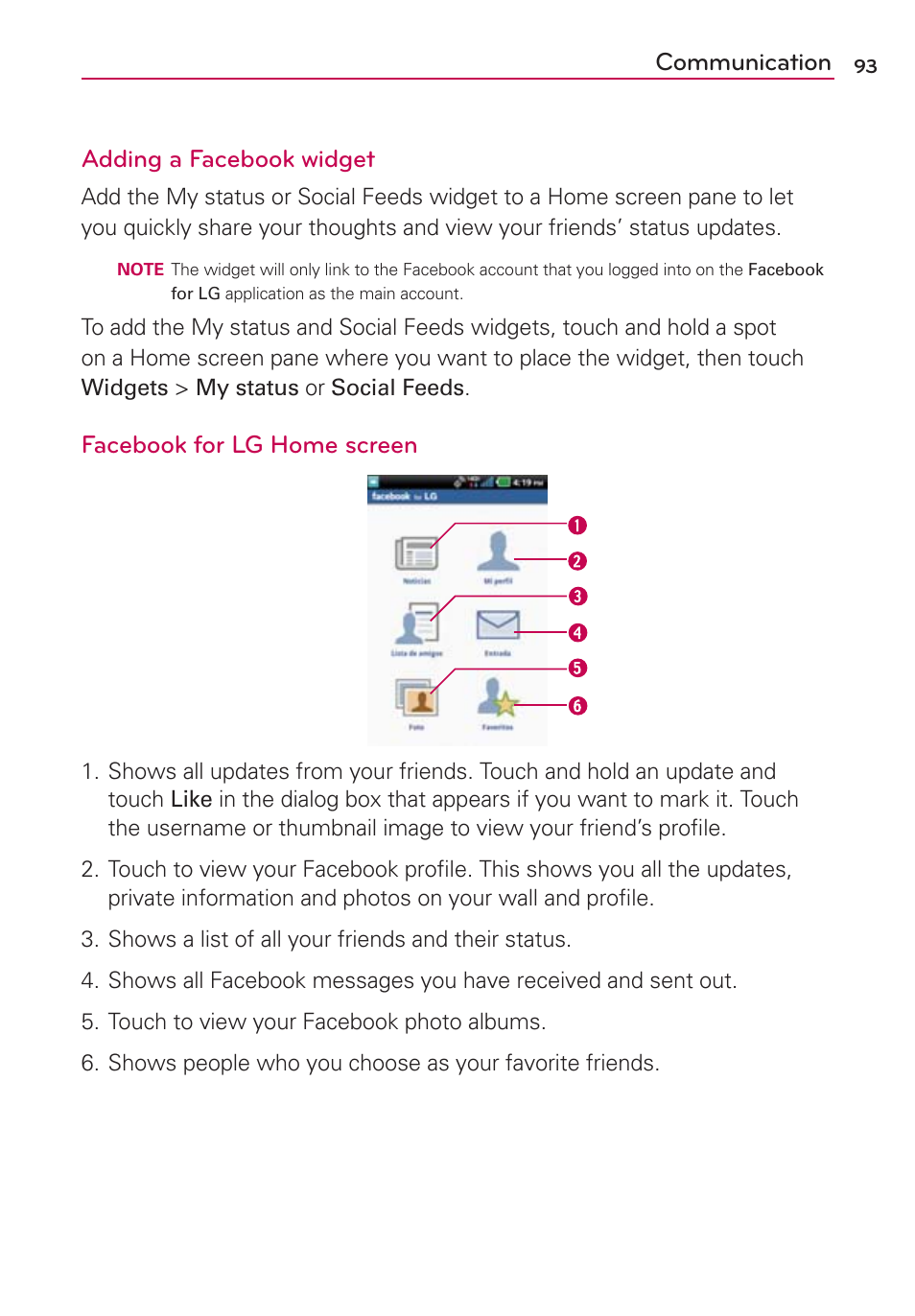Communication adding a facebook widget, Facebook for lg home screen | LG VS910 User Manual | Page 95 / 239