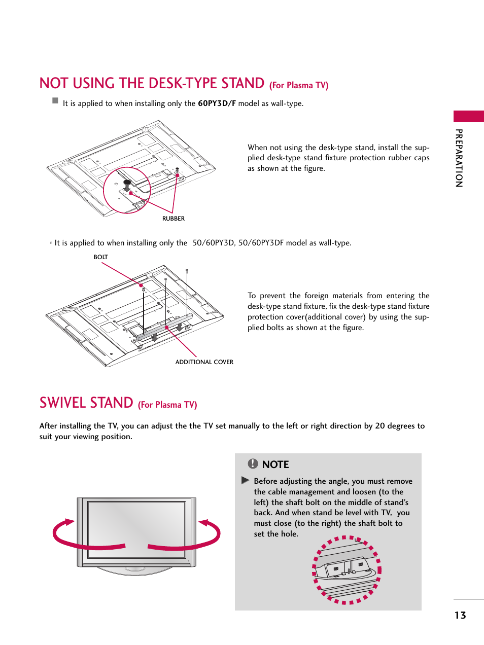 Not using the desk-type stand (for plasma tv), Swivel stand (for plasma tv), Not using the desk-type stand | Swivel stand | LG 60PY3DF-UJ User Manual | Page 15 / 122