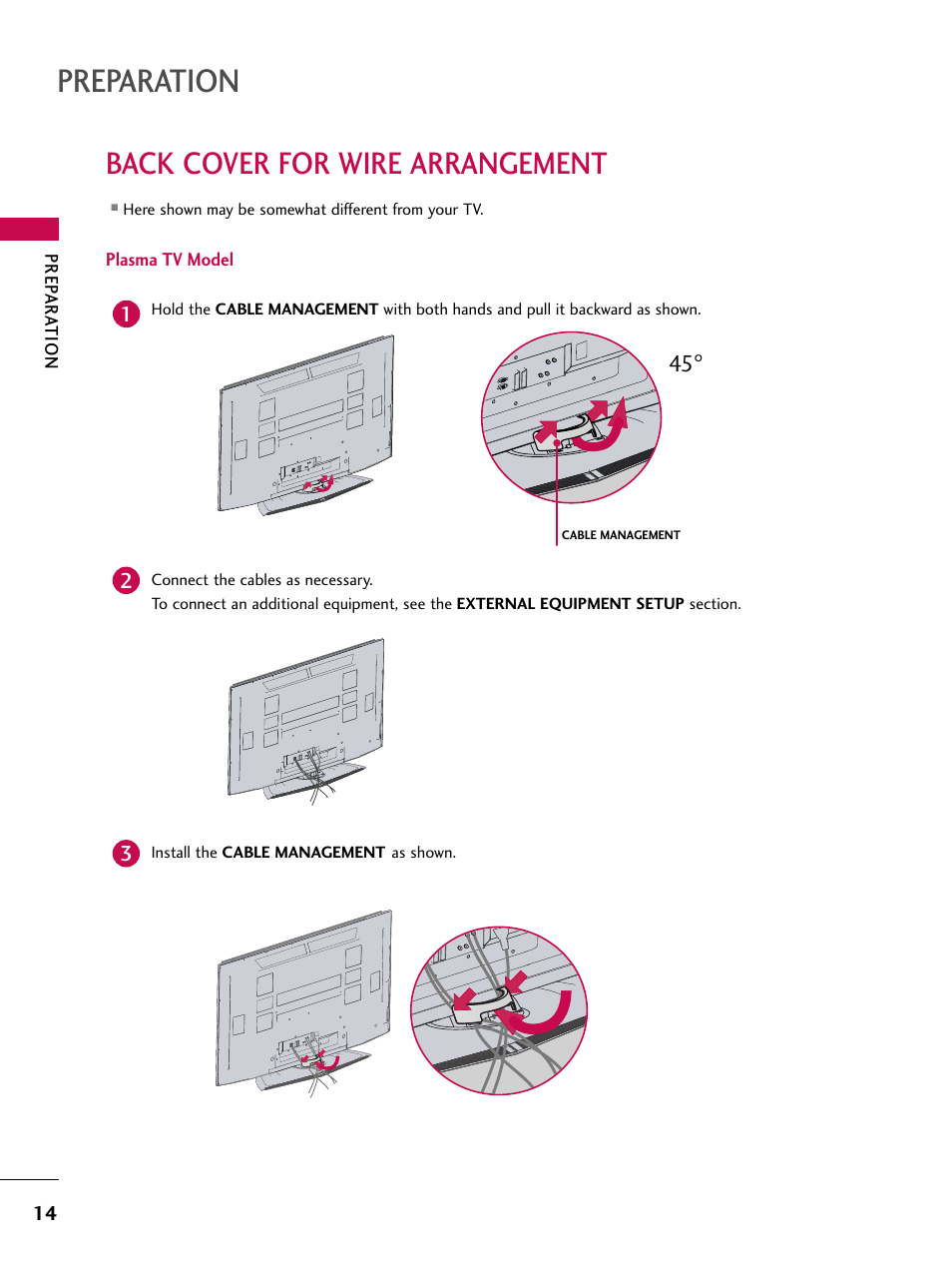Back cover for wire arrangement, Plasma tv model, Preparation | LG 60PY3DF-UJ User Manual | Page 16 / 122