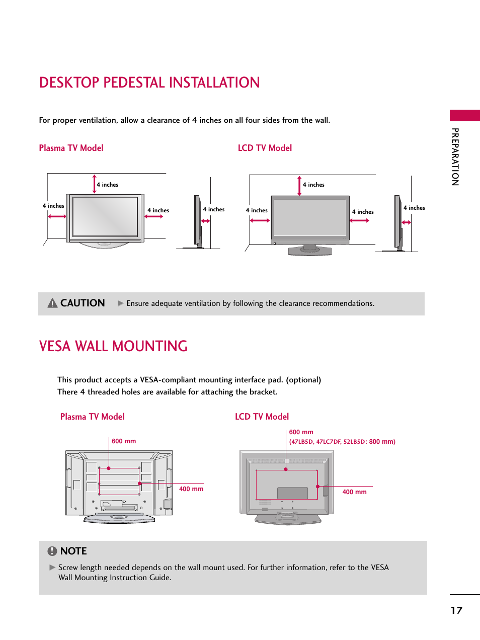 Desktop pedestal installation, Vesa wall mounting, Caution | Prep ar ation, Plasma tv model lcd tv model | LG 60PY3DF-UJ User Manual | Page 19 / 122
