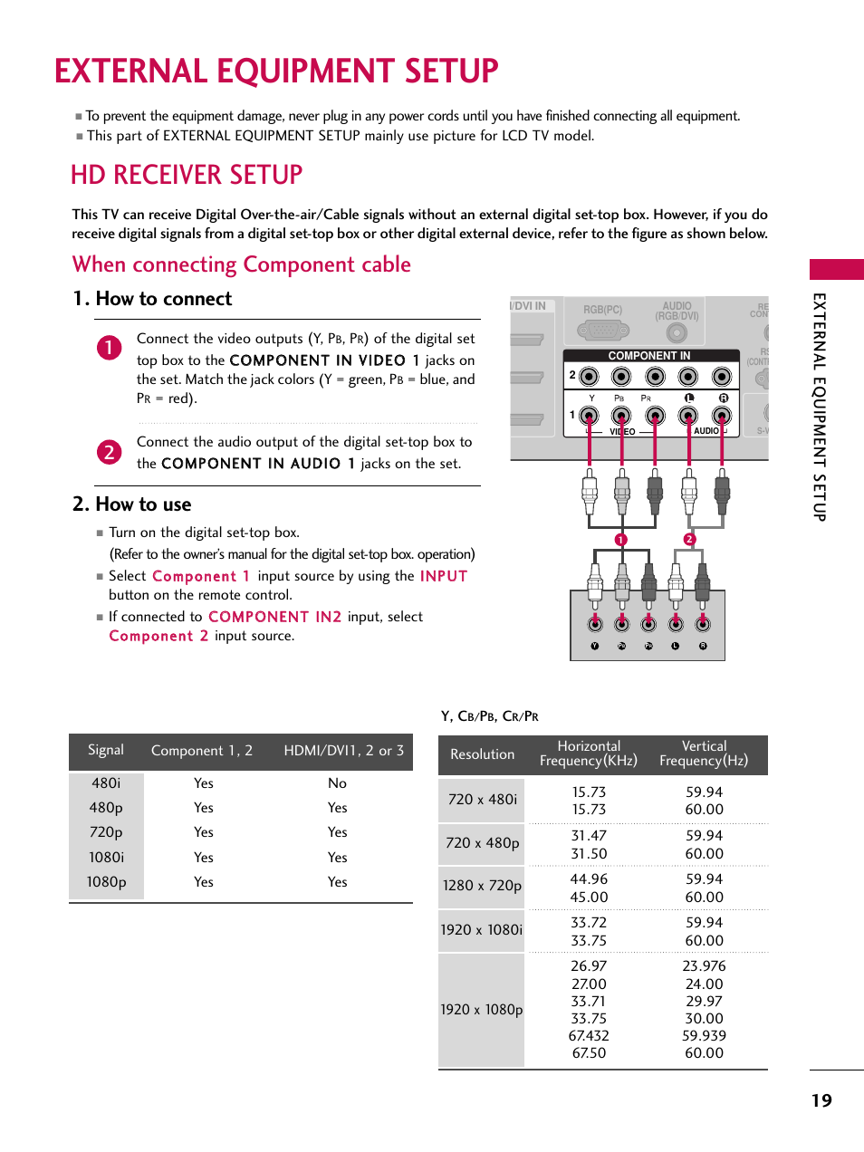 External equipment setup, Hd receiver setup, When connecting component cable | How to connect, How to use, External eq uipment setup | LG 60PY3DF-UJ User Manual | Page 21 / 122